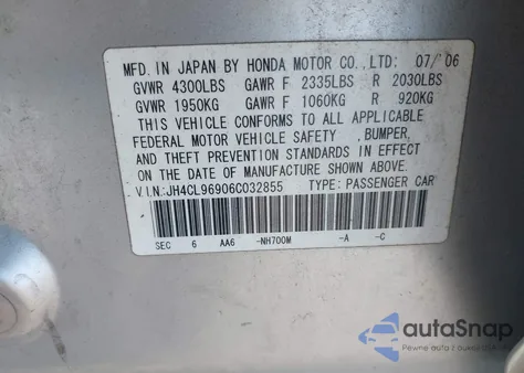 2006 Acura Tsx из США, поврежденный, VIN JH4CL96906C032855